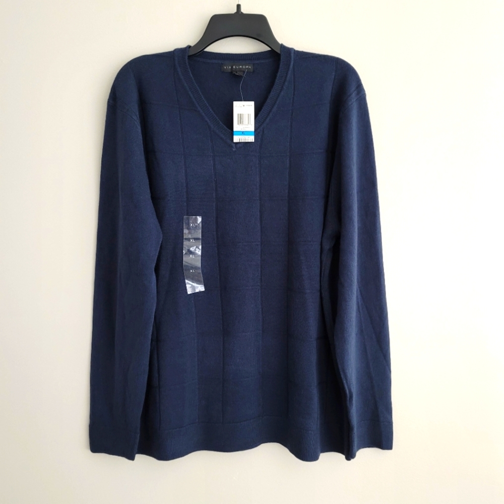 NWT Via Europa Men's Size XL Long Sleeve Navy Blue V-Neck Windowpane Sweater